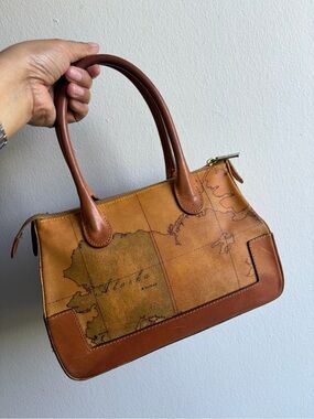 Alviero Martini Brown and Tan Map-Print Top-Handle Satchel